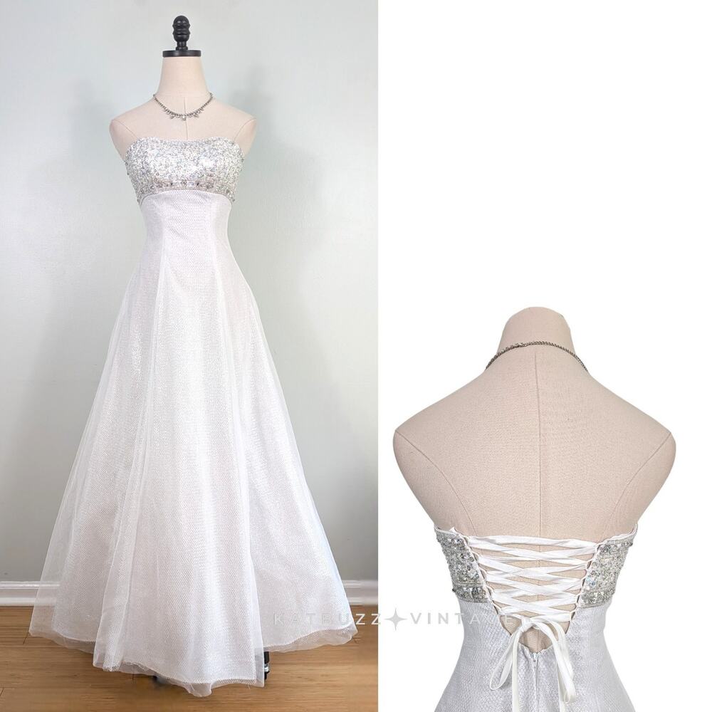 Y2K Prom Dress Maxi Gown 0 White Silver Corset Fairy Princess Bride Babydoll